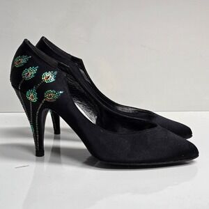 Stuart Weitzman Mr Seymour Heels Women 7.5 Black Peacock Rhinestone Glam Vintage